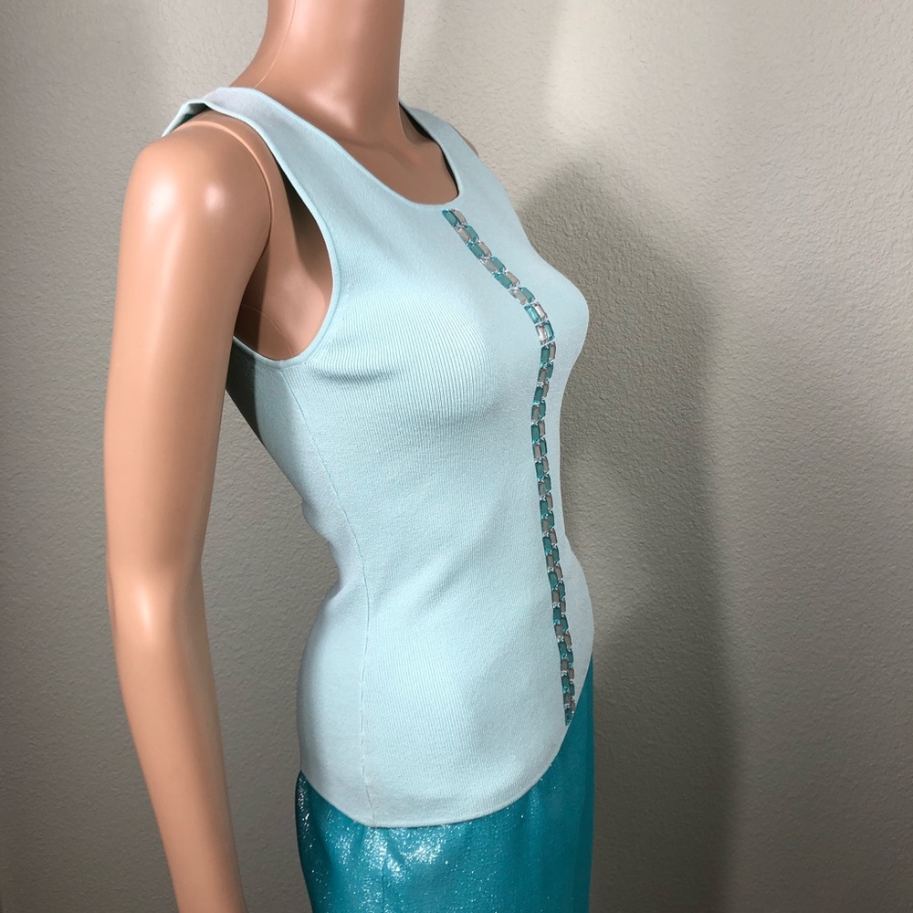 Light blue sleeveless knit top with aqua blue and clear crystals - Picture 7 of 15
